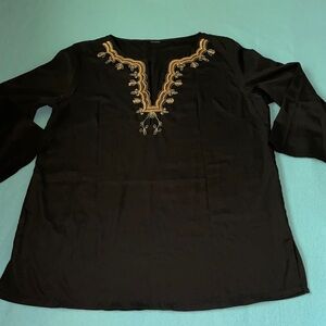 AVON Embroidered sequin v-neck black silky blouse tunic top 3/4 sleeve size XL